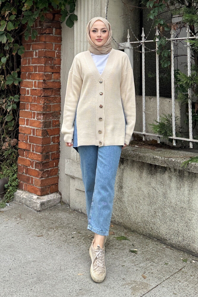Arkası Denim Triko Hırka - Bej - 1