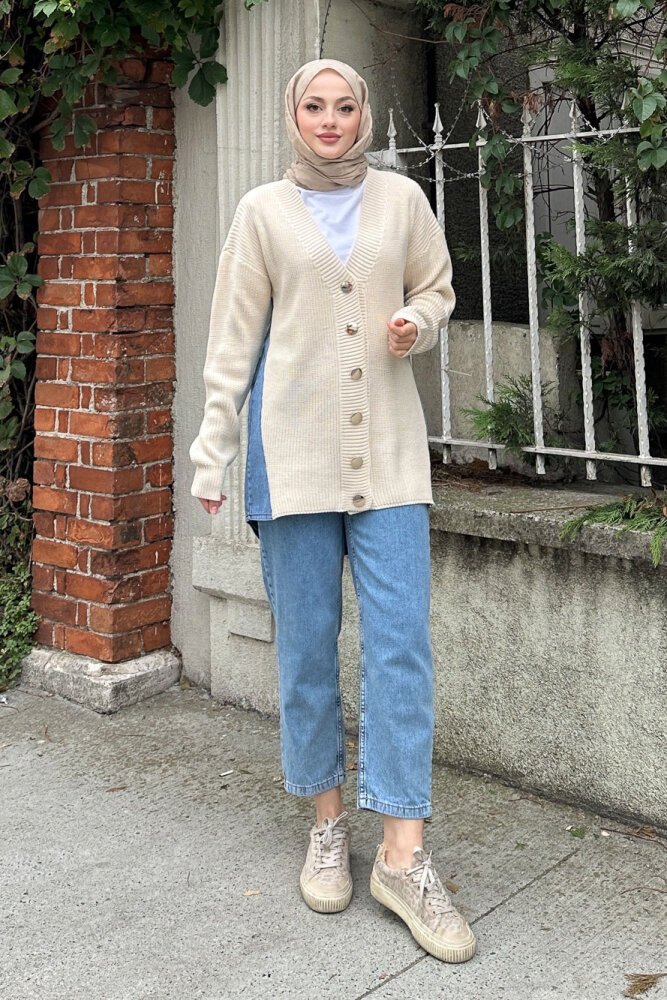 Arkası Denim Triko Hırka - Bej - QUB (1)