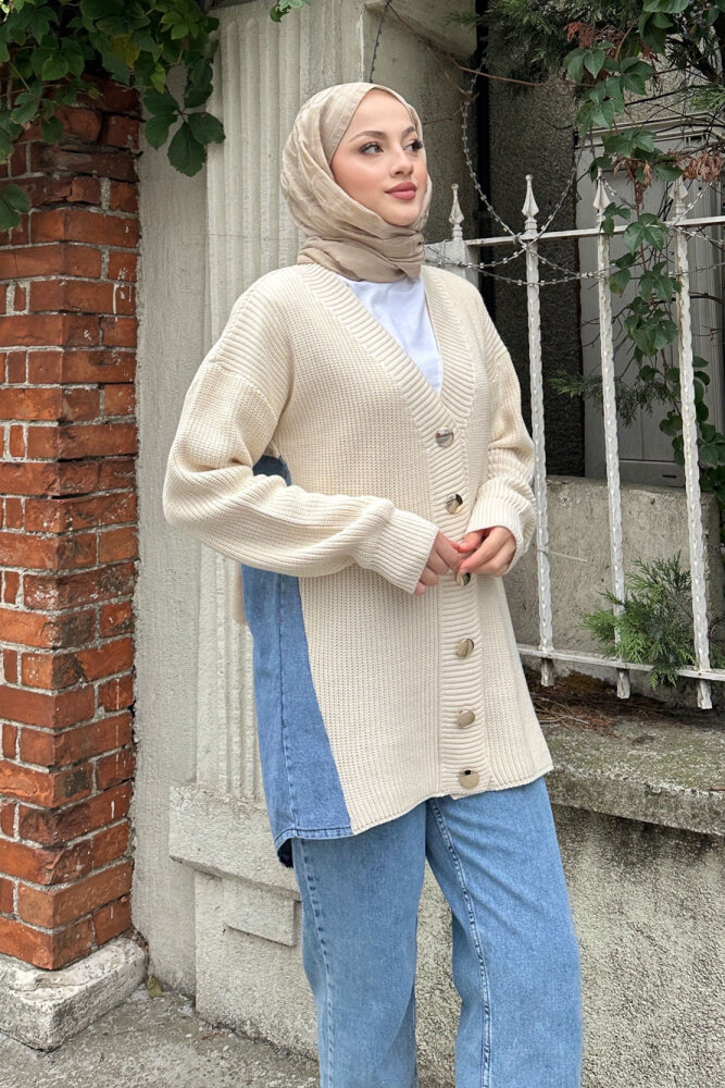 Arkası Denim Triko Hırka - Bej - QUB (2)