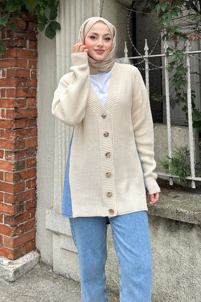 Arkası Denim Triko Hırka - Bej - 5