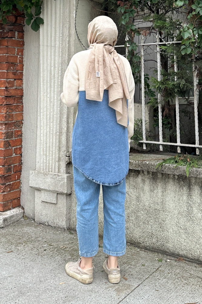 Arkası Denim Triko Hırka - Bej - QUB (3)