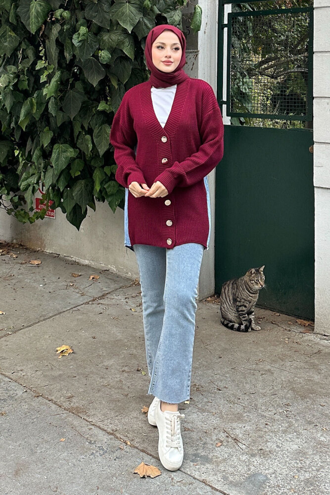 Arkası Denim Triko Hırka - Bordo - QUB (4)