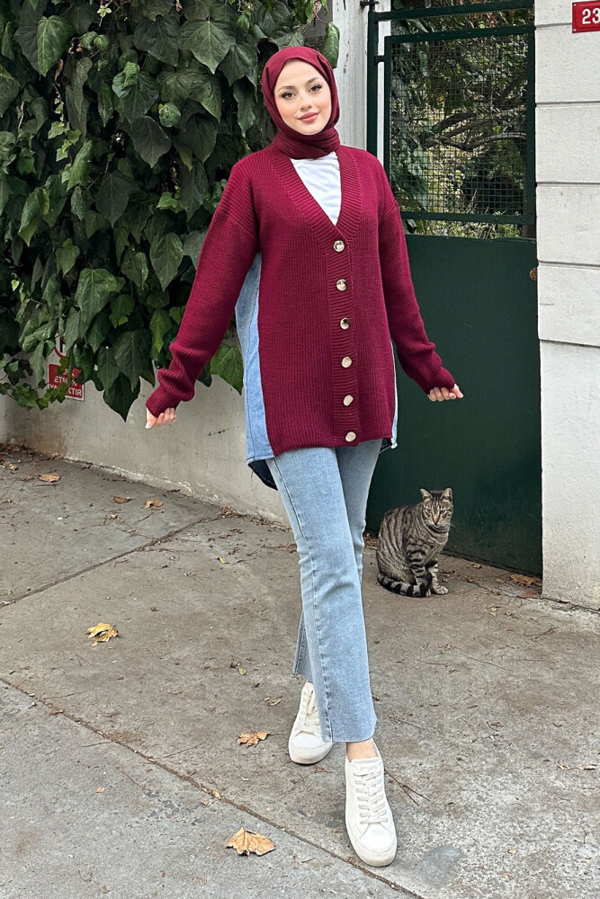 Arkası Denim Triko Hırka - Bordo - QUB (5)