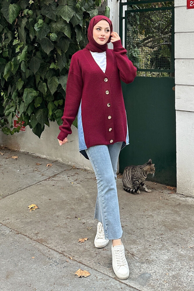 Arkası Denim Triko Hırka - Bordo - QUB (1)