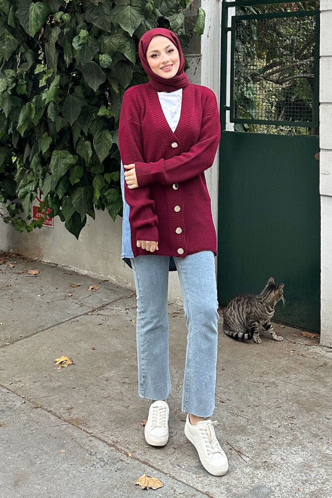 Arkası Denim Triko Hırka - Bordo - 8