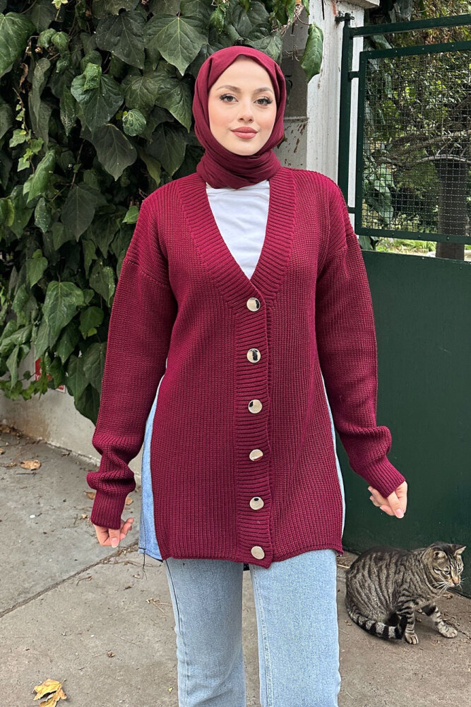 Arkası Denim Triko Hırka - Bordo - 7