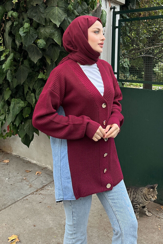 Arkası Denim Triko Hırka - Bordo - 1