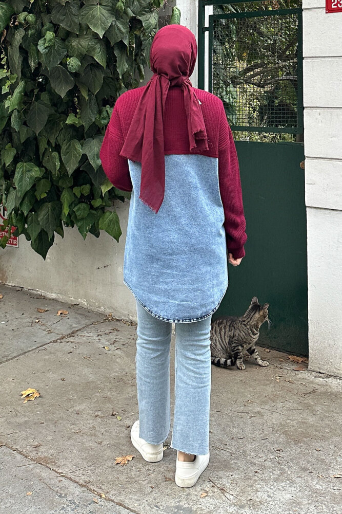 Arkası Denim Triko Hırka - Bordo - 3