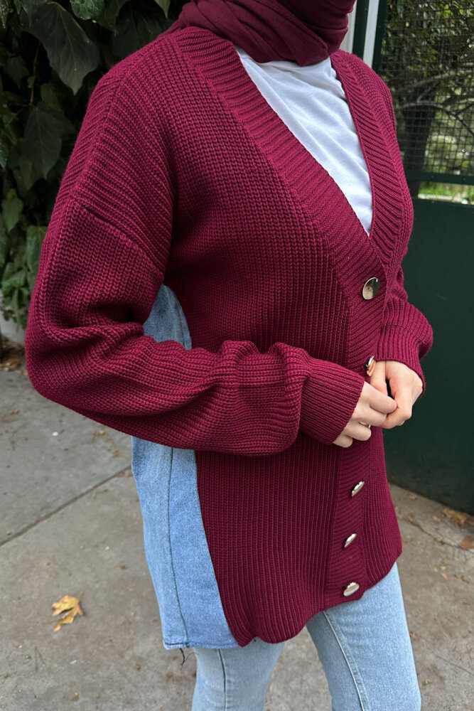 Arkası Denim Triko Hırka - Bordo - QUB (3)