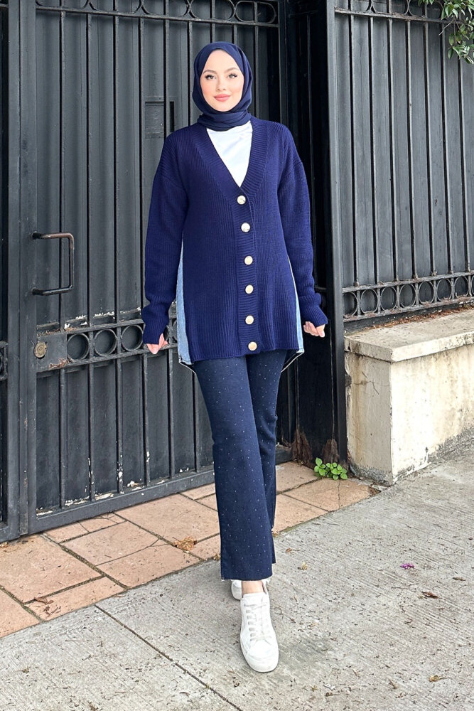 Arkası Denim Triko Hırka - Lacivert - 3