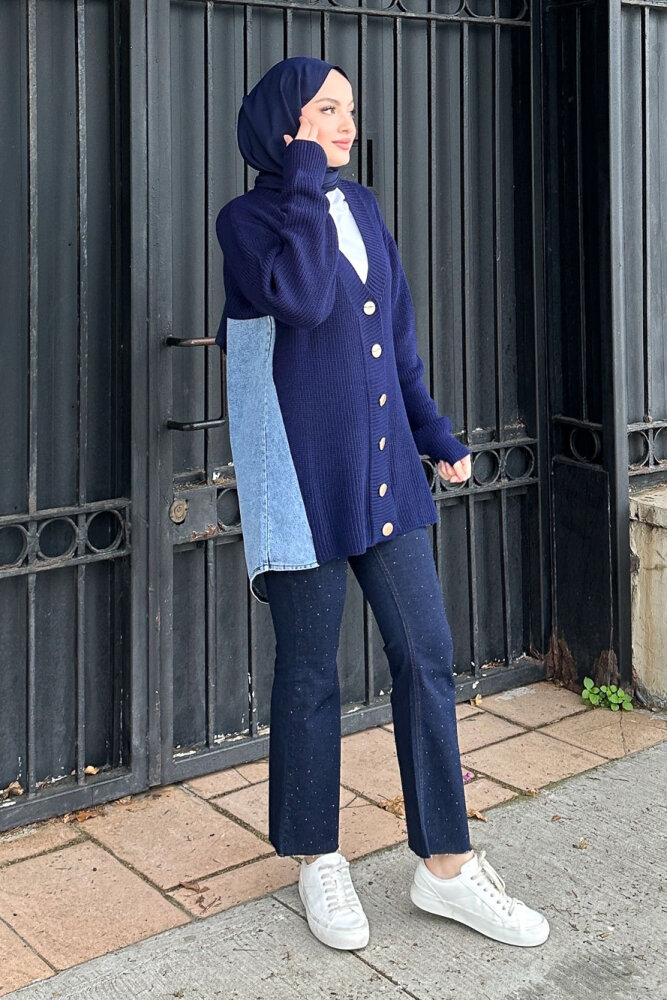 Arkası Denim Triko Hırka - Lacivert 