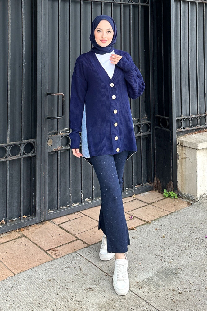 Arkası Denim Triko Hırka - Lacivert - QUB (4)