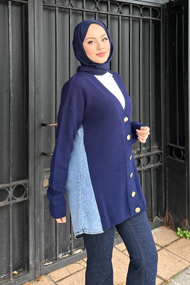 Arkası Denim Triko Hırka - Lacivert - QUB (1)