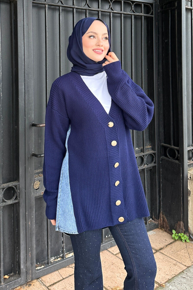 Arkası Denim Triko Hırka - Lacivert - QUB (5)