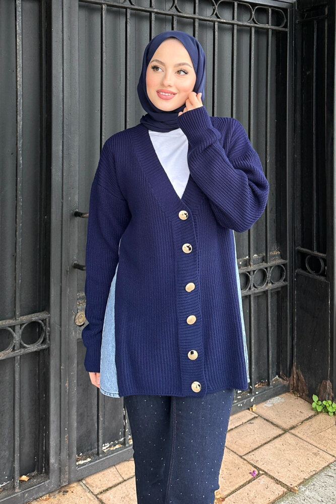 Arkası Denim Triko Hırka - Lacivert - 8