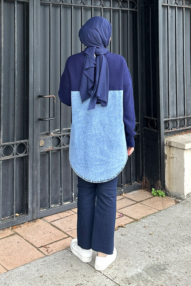 Arkası Denim Triko Hırka - Lacivert - QUB (3)