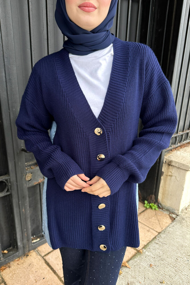 Arkası Denim Triko Hırka - Lacivert - 7