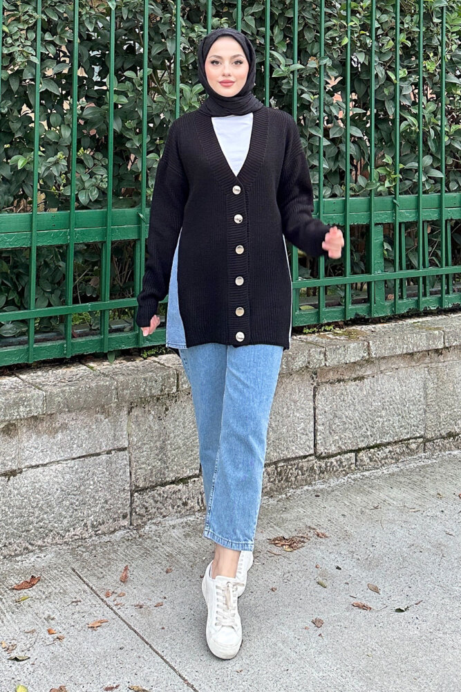 Arkası Denim Triko Hırka - Siyah - 1