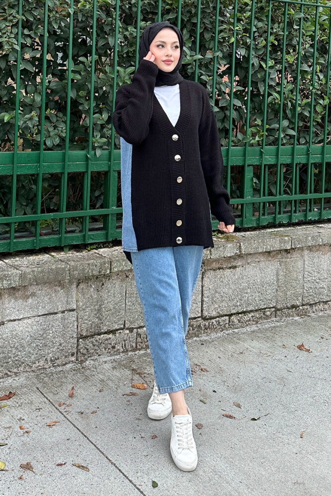 Arkası Denim Triko Hırka - Siyah - 5