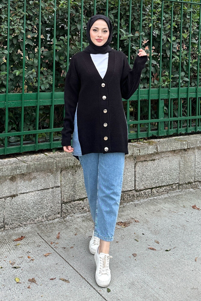 Arkası Denim Triko Hırka - Siyah - 6