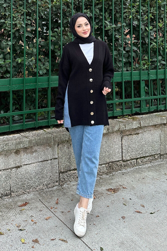 Arkası Denim Triko Hırka - Siyah - 7