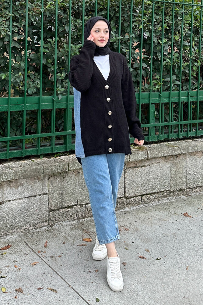 Arkası Denim Triko Hırka - Siyah - 8