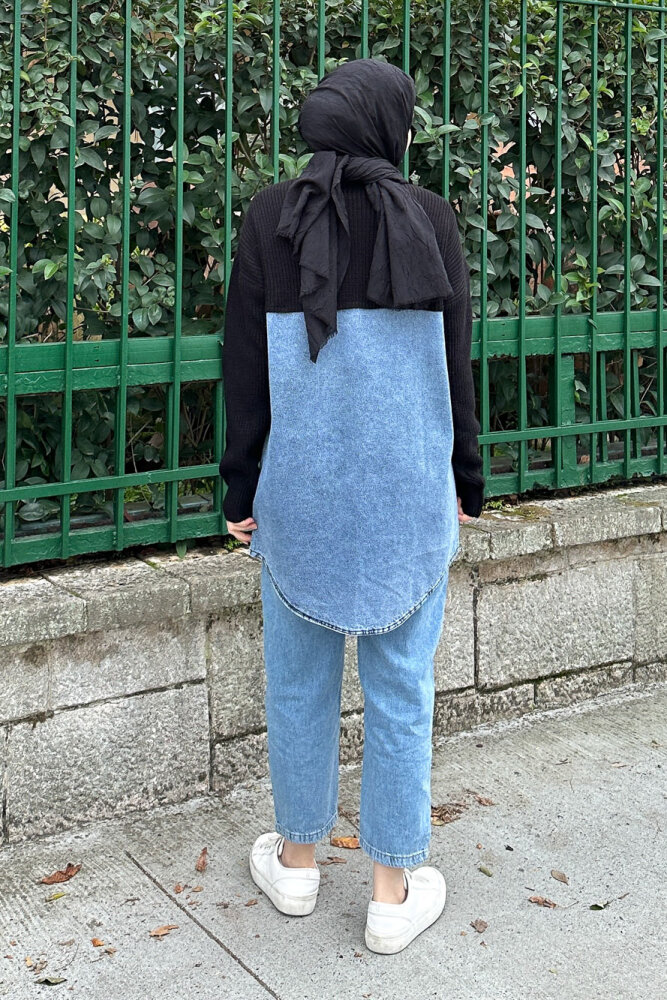 Arkası Denim Triko Hırka - Siyah - 4