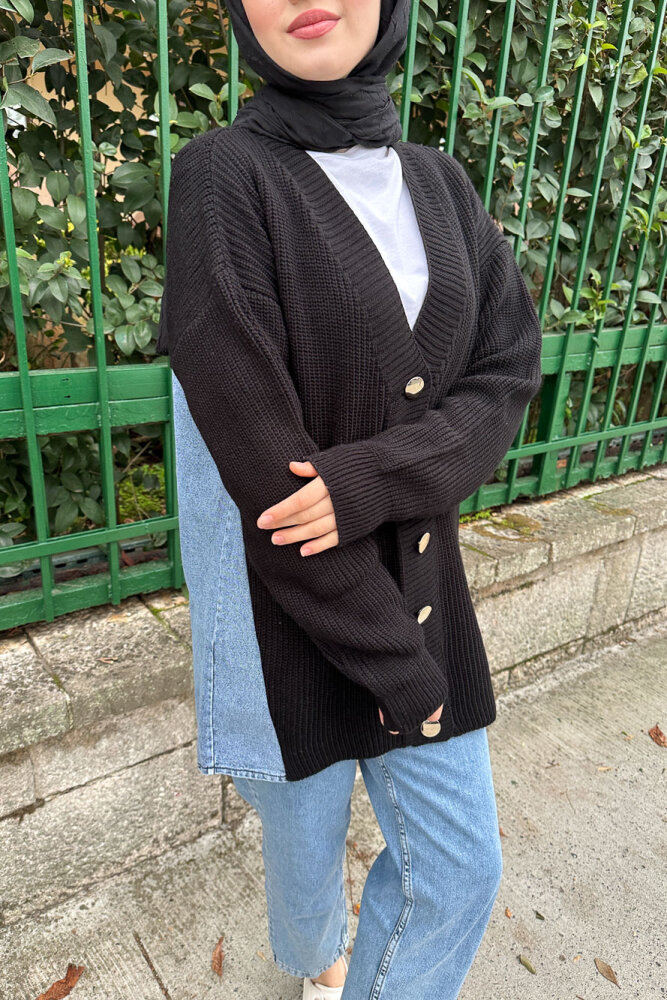 Arkası Denim Triko Hırka - Siyah - 3