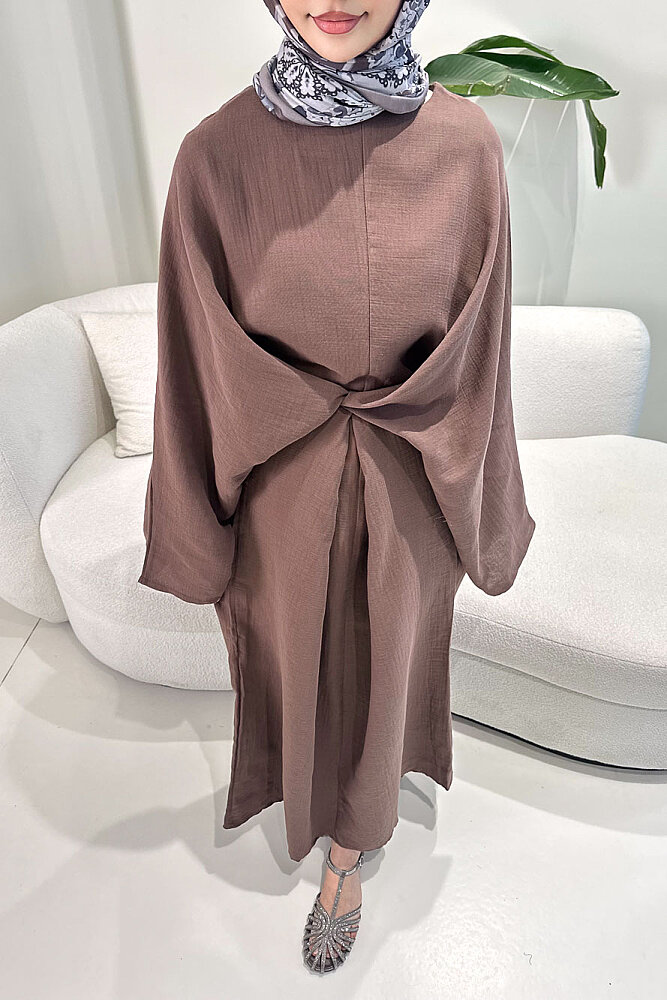 Arya Çapraz Biyeli Elbise - Kahverengi - 3