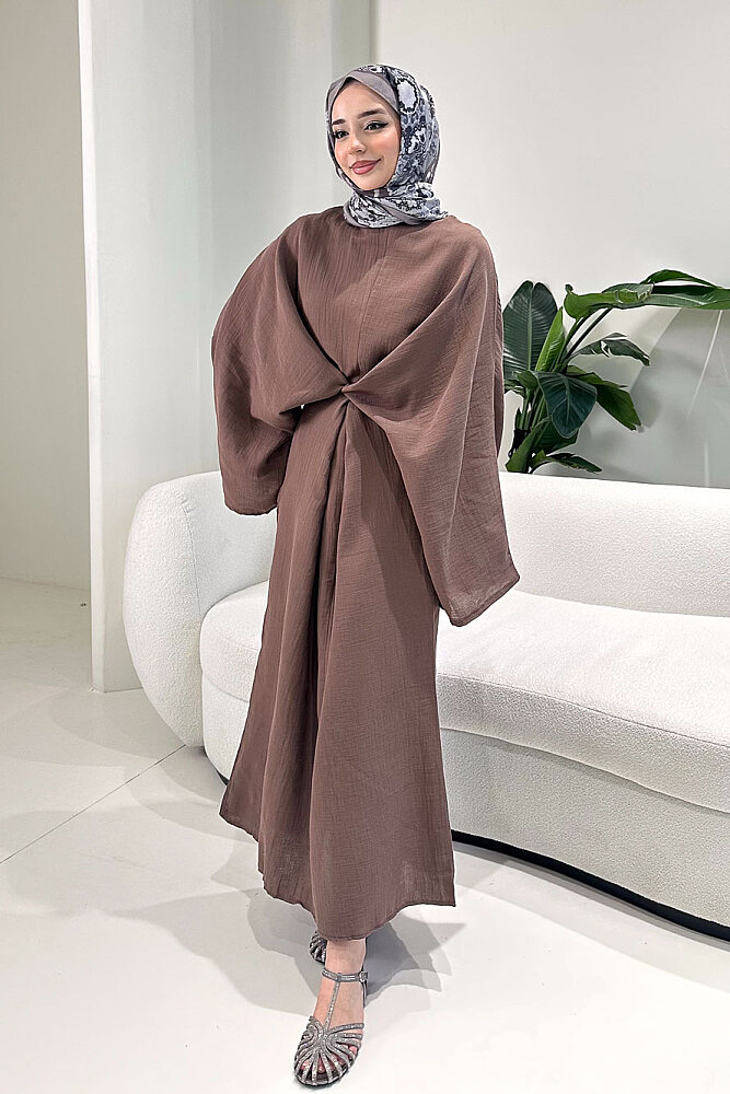 Arya Çapraz Biyeli Elbise - Kahverengi - 6
