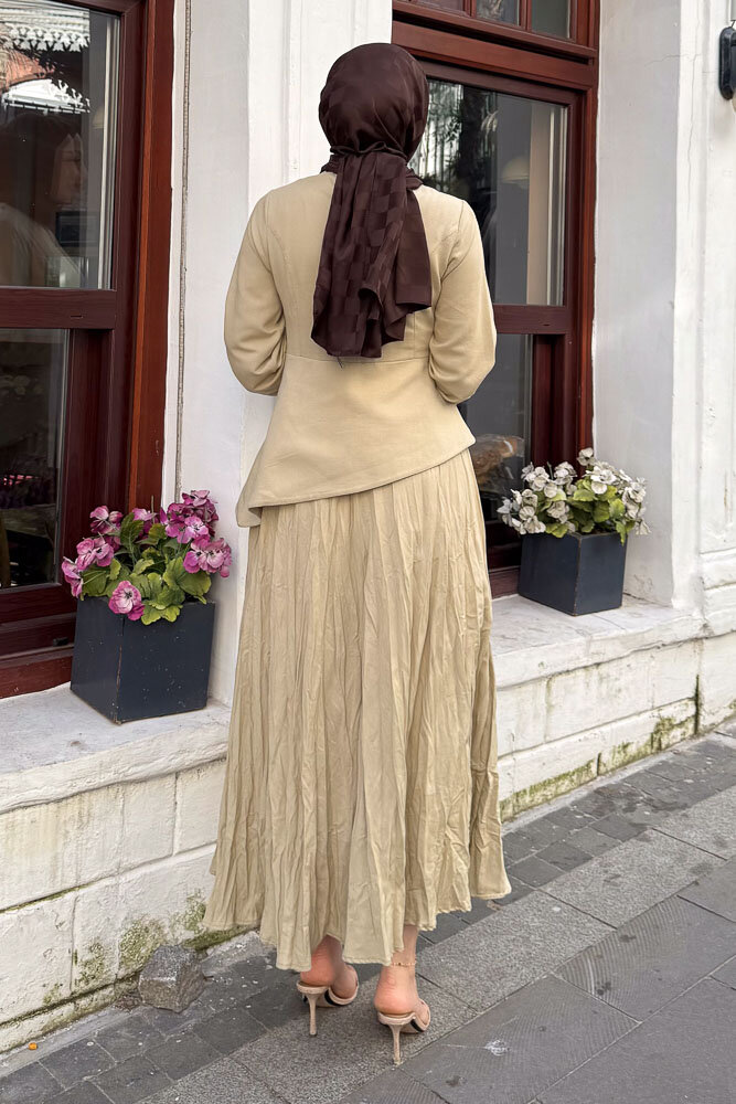 Asimetrik Kesim Keten Elbise - Açık Haki - 2