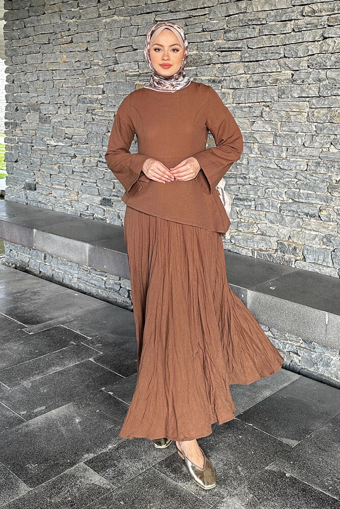 Asimetrik Kesim Keten Elbise - Kahverengi - 1