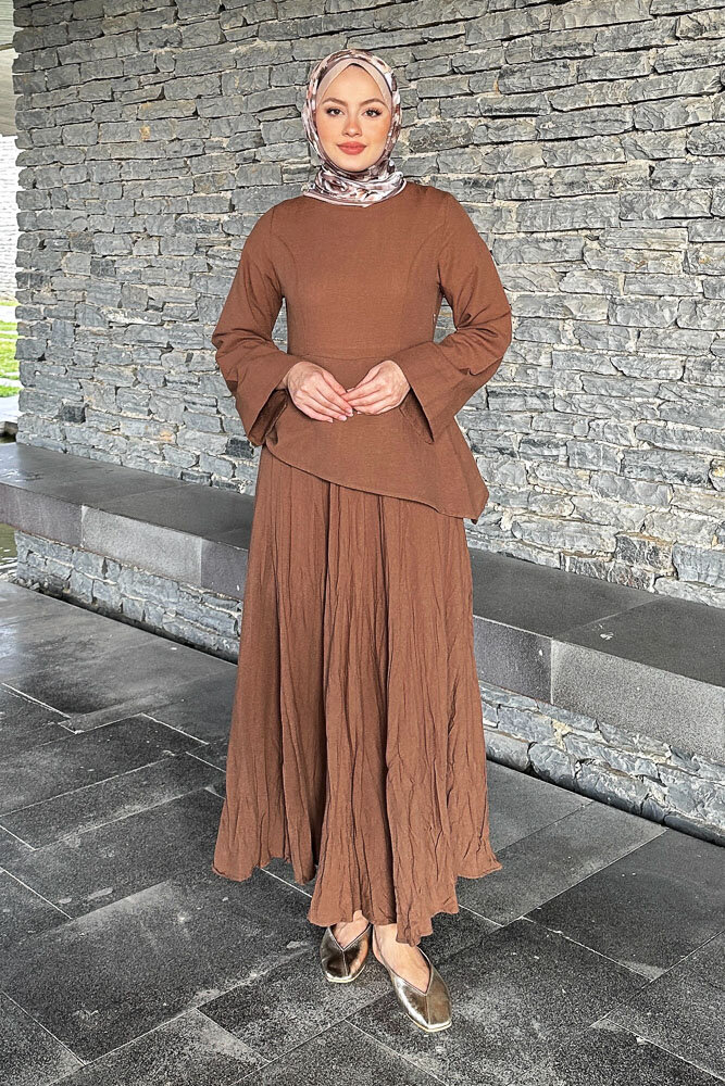 Asimetrik Kesim Keten Elbise - Kahverengi - 3