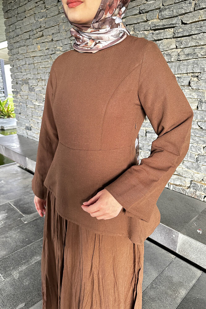 Asimetrik Kesim Keten Elbise - Kahverengi - 5
