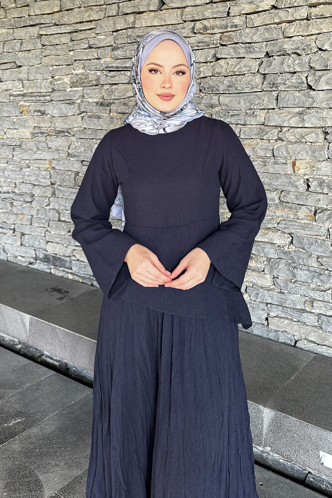 Asimetrik Kesim Keten Elbise - Lacivert - 3