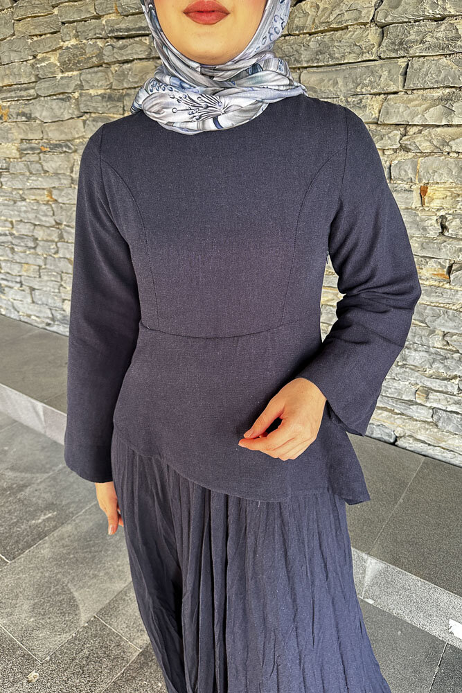 Asimetrik Kesim Keten Elbise - Lacivert - 5