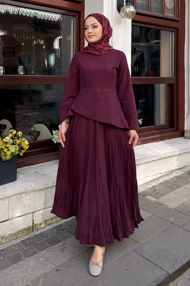 Asimetrik Kesim Keten Elbise - Mürdüm - 3