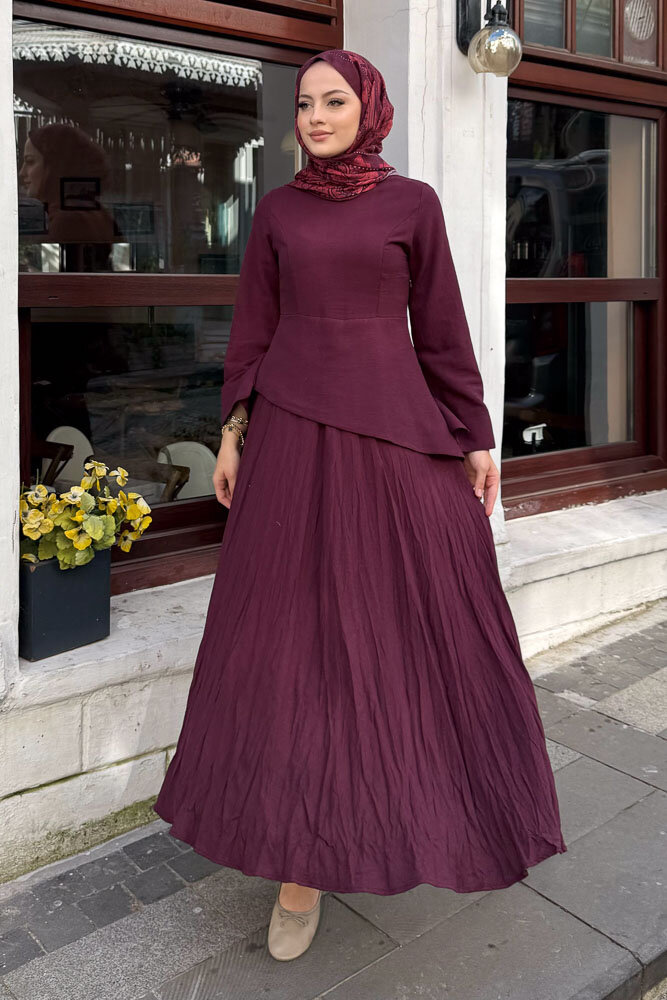 Asimetrik Kesim Keten Elbise - Mürdüm - 1