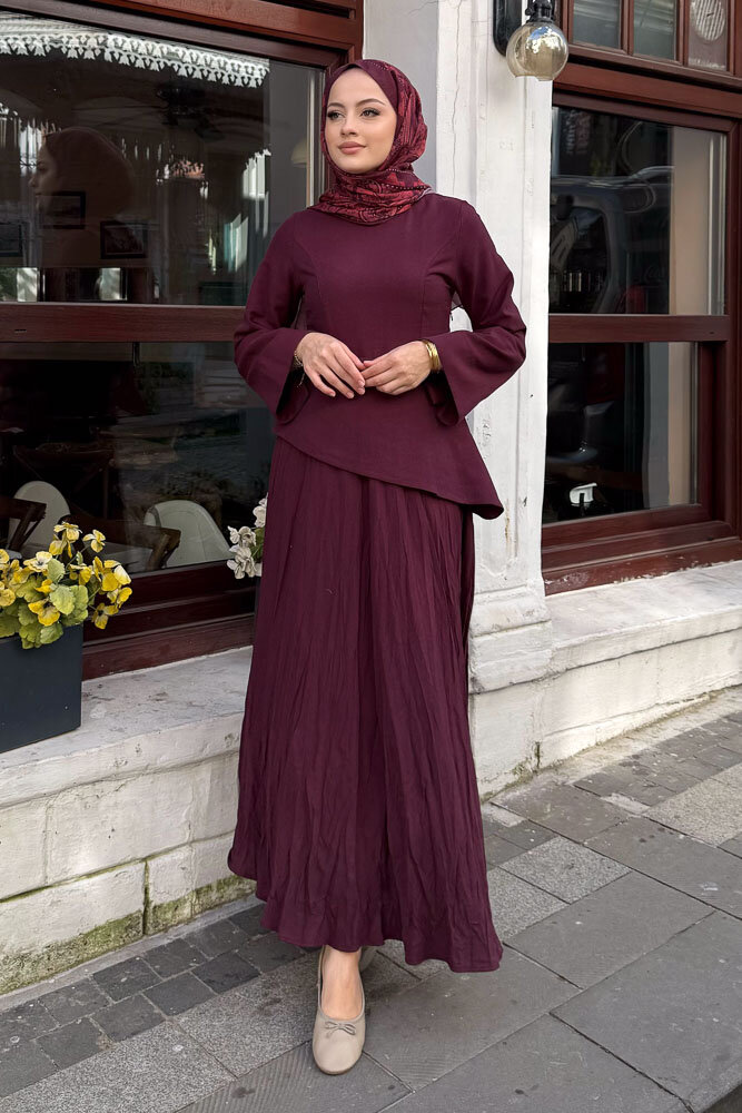 Asimetrik Kesim Keten Elbise - Mürdüm - 7