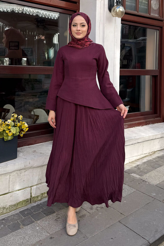 Asimetrik Kesim Keten Elbise - Mürdüm - 5