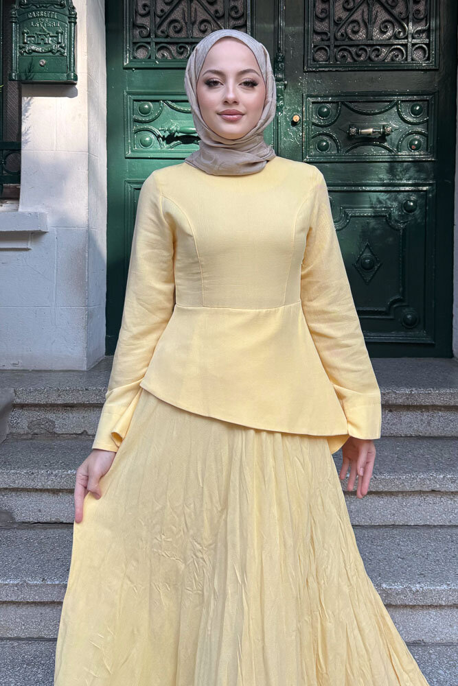 Asimetrik Kesim Keten Elbise - Sarı - 2