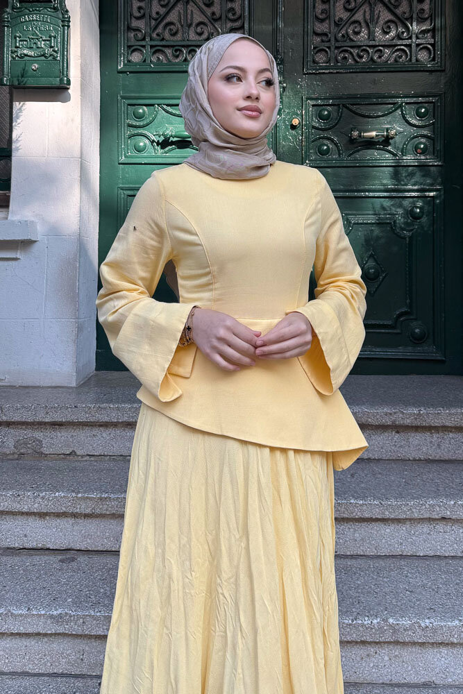 Asimetrik Kesim Keten Elbise - Sarı - 5