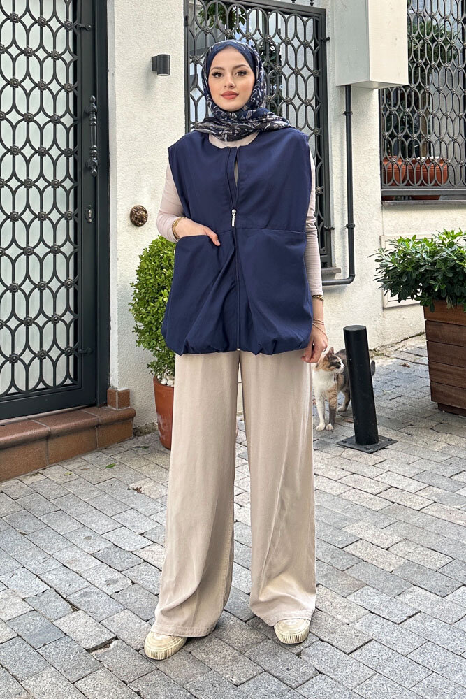 Astarlı Cepli Gabardin Yelek - Lacivert - 1