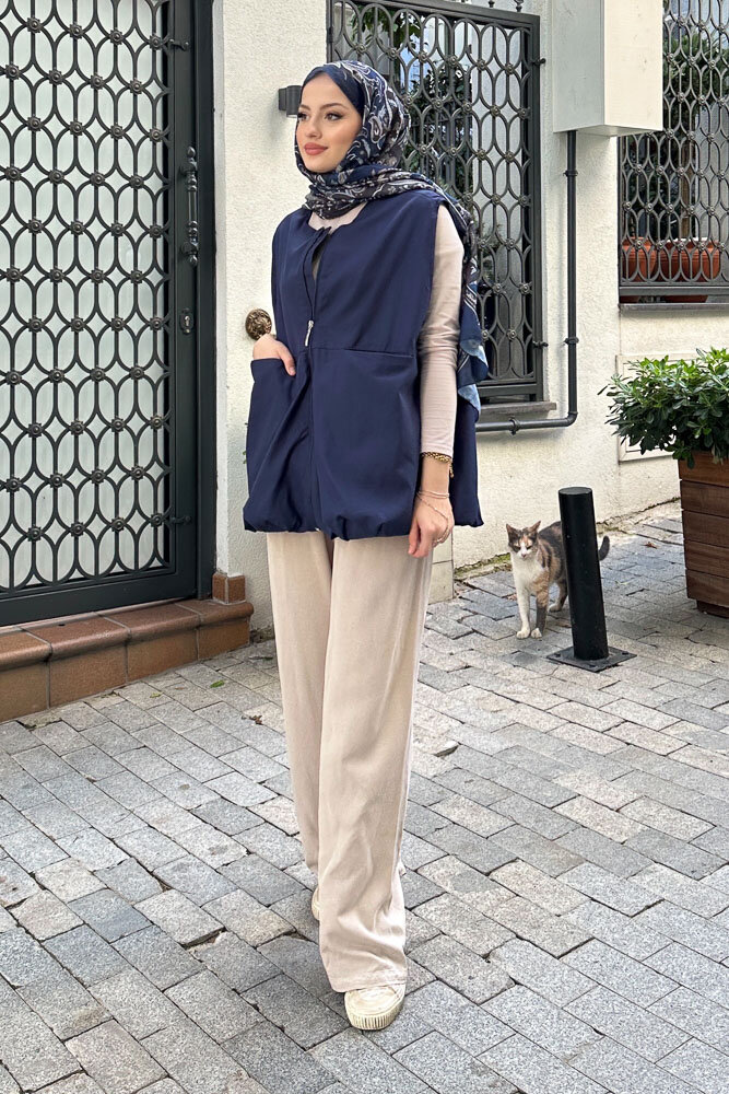 Astarlı Cepli Gabardin Yelek - Lacivert - 2