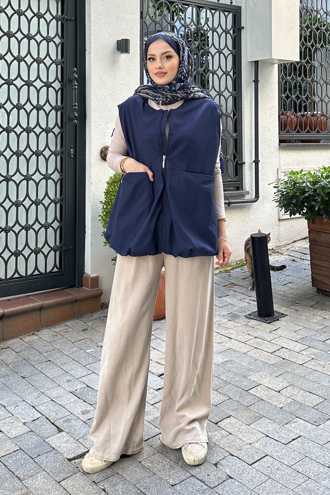 Astarlı Cepli Gabardin Yelek - Lacivert - 5