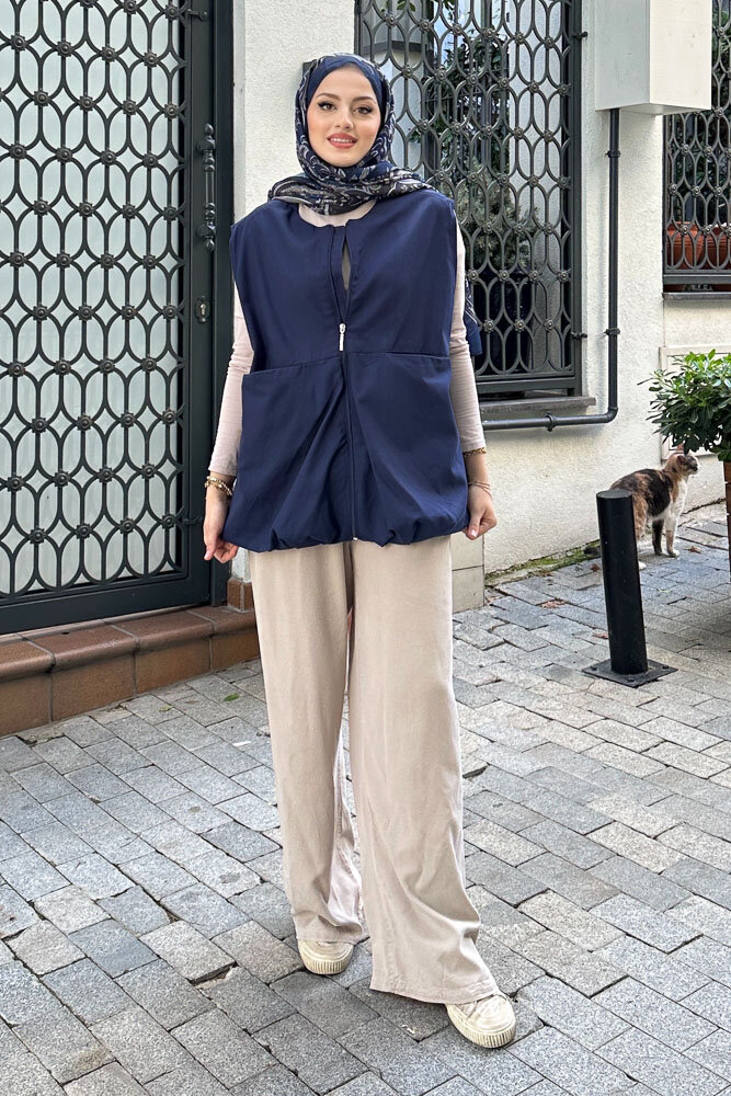 Astarlı Cepli Gabardin Yelek - Lacivert - 6