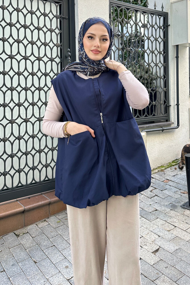 Astarlı Cepli Gabardin Yelek - Lacivert - 7