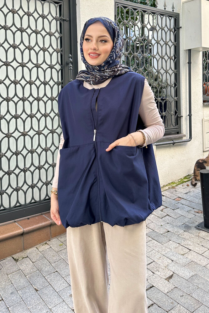 Astarlı Cepli Gabardin Yelek - Lacivert - 3