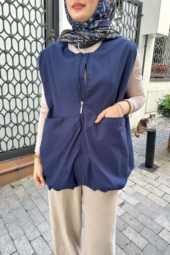 Astarlı Cepli Gabardin Yelek - Lacivert - 4
