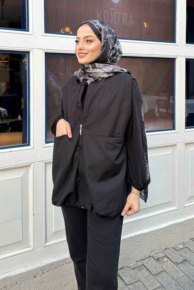 Astarlı Cepli Gabardin Yelek - Siyah - 3